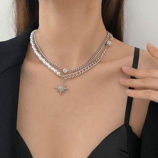 Star Rhinestone Pendant Faux Pearl Layered Necklace White Faux Pearl - Silver - One Size
