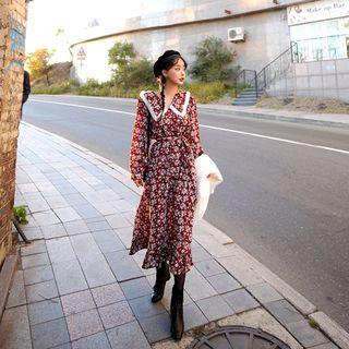 Lace-trim Floral Long Dress With Sash