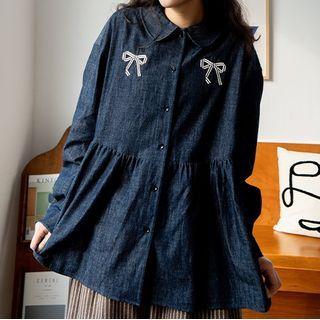 Long-sleeve Bow Embroidered Denim Shirt