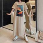 Short-sleeve Print Slit Midi T-shirt Dress Khaki - One Size