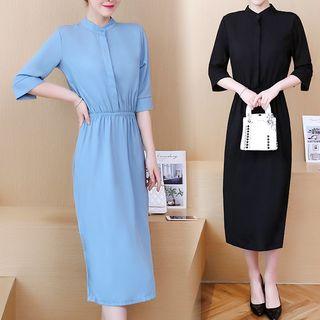Elbow-sleeve Gathered Waist Shirtdress