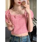 Puff-sleeve Ribbon Plaid Crop Top
