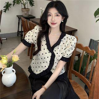 Short-sleeve V-neck Dotted Blouse / Midi A-line Skirt