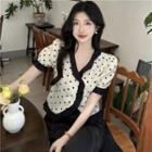 Short-sleeve V-neck Dotted Blouse / Midi A-line Skirt