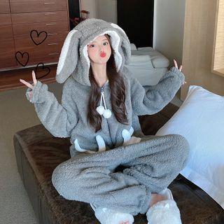Ear Accent Hooded Fleece Sleep Jumpsuit Gray - One Size
