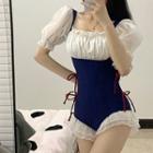 Short-sleeve Bow Frill Trim Swimsuit