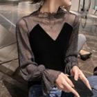 Mock-neck Glitter Panel Blouse