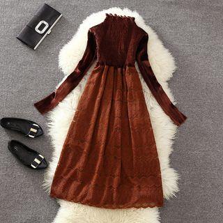 Velvet Panel Long-sleeve Midi Lace Dress