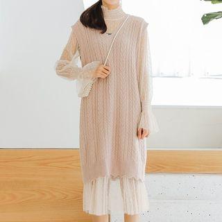 Set: Long-sleeve Sheer Midi Dress + Sleeveless Knit Dress