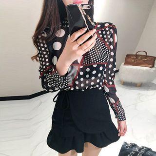 Set: Dotted Long-sleeve Blouse + Plain Mini A-line Skirt