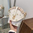 Faux Pearl Floral Embroidered Chain Bucket Bag
