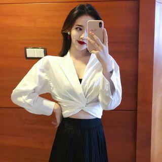 Long-sleeve Cropped Top / Shirred Midi Skirt