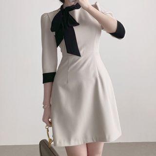 Long-sleeve Bow Two Tone Mini Dress