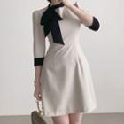 Long-sleeve Bow Two Tone Mini Dress