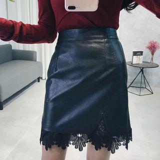 Lace Trim A-line Faux Leather Skirt