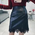 Lace Trim A-line Faux Leather Skirt