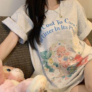 Elbow-sleeve Bear Print T-shirt Light Gray - One Size
