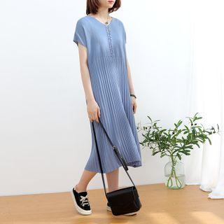 Short-sleeve Pleated Knit Mini A-line Dress