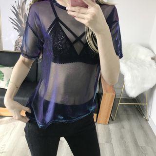 Short-sleeve Shimmer Tulle Top