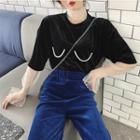 Faux-pearl Velvet Short-sleeve Top / Lace Top / Loose-fit Pants