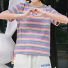 Heart-embroidered Rainbow-stripe Short-sleeve Top