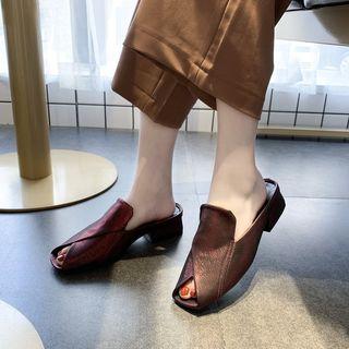 Faux Leather Peep Toe Low Heel Mules