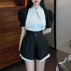 Puff-sleeve Color Block Shirt / High-waist Panel A-line Shorts