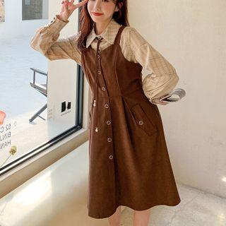 Long-sleeve Tie-neck Plaid Shirt / Midi A-line Dress / Overall Dress / Set