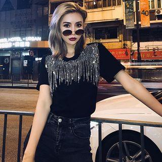 Short-sleeve Fringed T-shirt Black - One Size