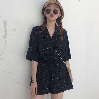 Elbow-sleeve Lapel Polka Dot Playsuit