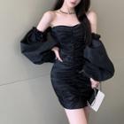 Puff-sleeve Off-shoulder Mini Sheath Dress Dress - Black - One Size