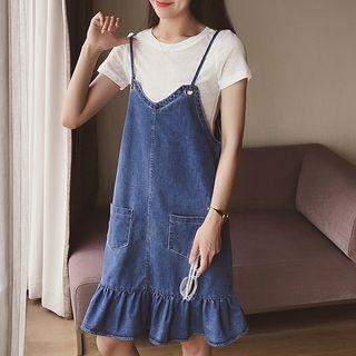 Set: Plain Short Sleeve T-shirt + Spaghetti Strap Denim Dress