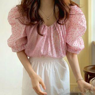 Puff-sleeve Dotted Top Pink - One Size