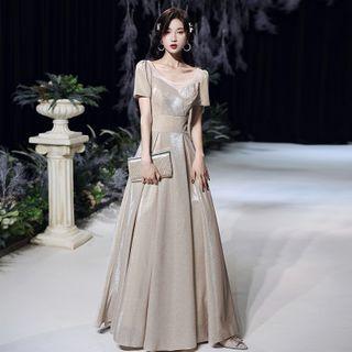 Short Sleeve Glittered A-line Evening Gown