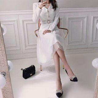 Inset V-neck Blazer Tulle Skirt With Belt