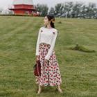 Set: Plain Long-sleeve T-shirt + Crochet Knit Vest + Cherry Print Midi A-line Skirt