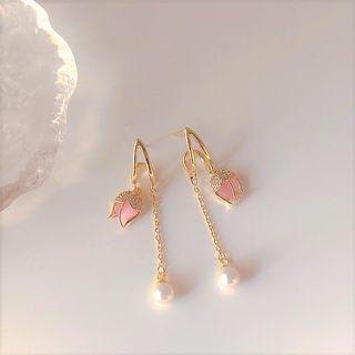 Flower Faux Cat Eye Stone Faux Pearl Alloy Dangle Earring 1 Pair - Gold & White - One Size