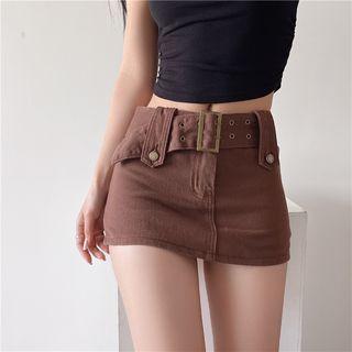 Belt Waist Denim Mini Skirt