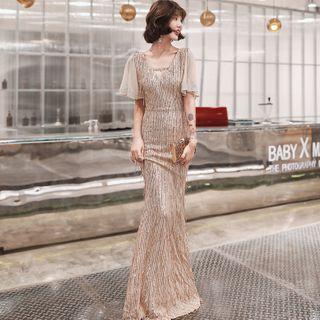 Short-sleeve Tasseled Sheath Evening Gown