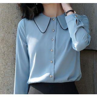 Plain Blouse / Ruffle Hem Pencil Skirt / Cropped Straight-fit Pants / Set