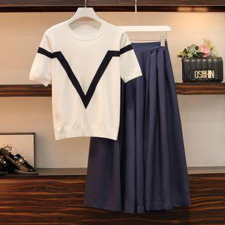 Set: Short-sleeve Two Tone Knit Top + Wide-leg Pants