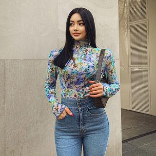 High-neck Slim-fit Floral Top