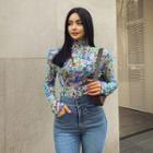 High-neck Slim-fit Floral Top