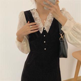 V-neck Lace-trim Velvet Buttoned Dress