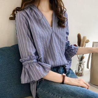 Elbow-sleeve Striped Frill Trim V-neck Blouse