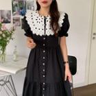 Puff Short-sleeve Ruffle Collar Dress Black - One Size