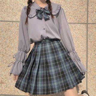 Set: Bow Detail Blouse + Plaid Mini Pleated Skirt