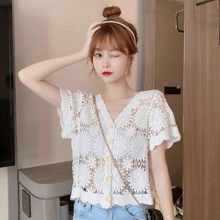 Short-sleeve Floral Embroidered Cutout Cardigan