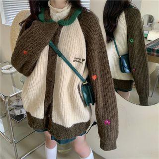 Long-sleeve Color-block Embroidered Knit Cardigan