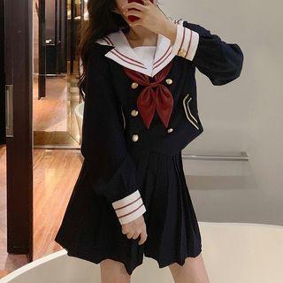Bow Accent Button Jacket / Mini Pleated Skirt